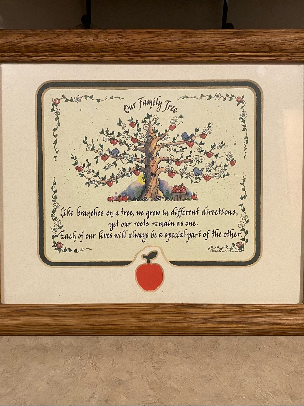 Vintage 90s Our Family Tree Karen Tribett Framed Wall Art Rustic Apple Decor